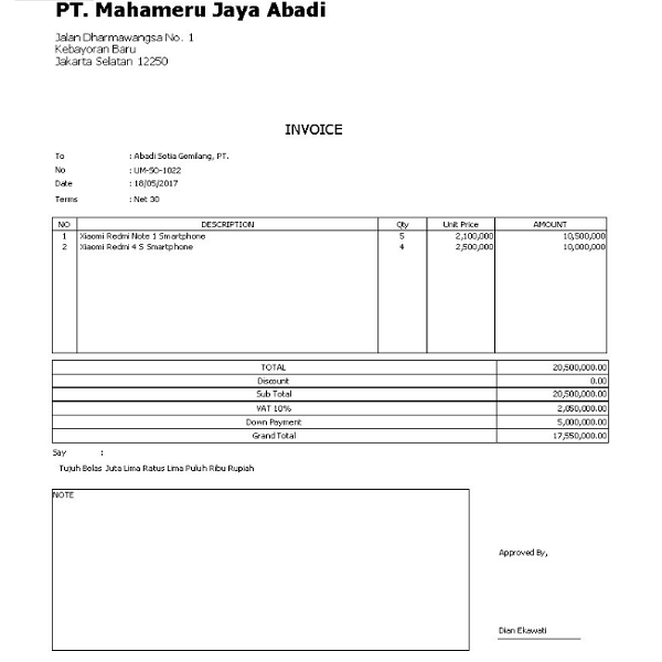 Contoh Invoice Pembayaran DP